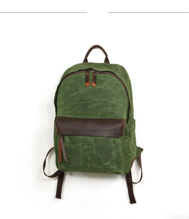 Cool Canvas Leather Mens Green Backpack Computer Backpack Black Travel Backpack for Men
