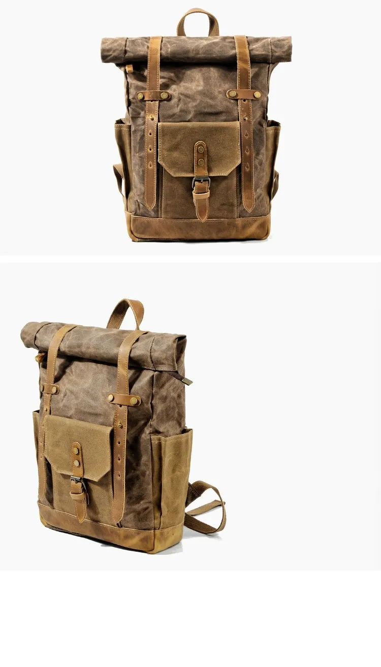 Cool Canvas Leather Mens Green Large Waterproof Travel Backpack Computer Hiking Backpack for Men