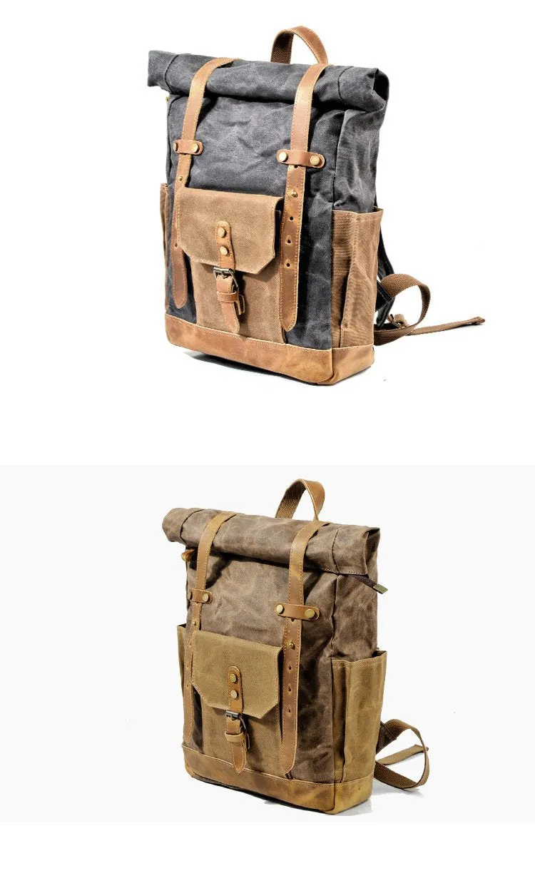 Cool Canvas Leather Mens Green Large Waterproof Travel Backpack Computer Hiking Backpack for Men