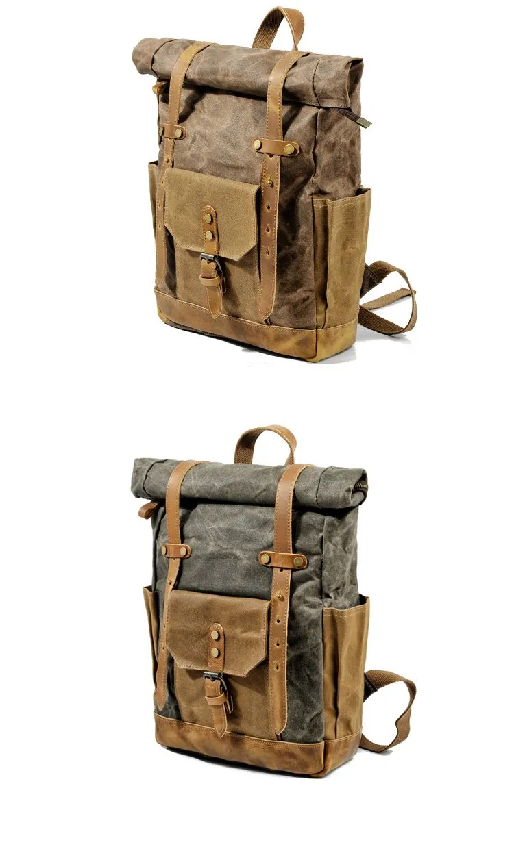 Cool Canvas Leather Mens Green Large Waterproof Travel Backpack Computer Hiking Backpack for Men