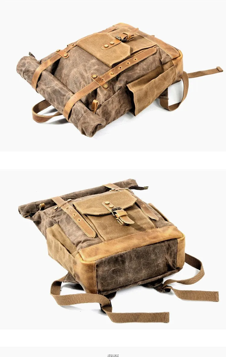 Cool Canvas Leather Mens Green Large Waterproof Travel Backpack Computer Hiking Backpack for Men