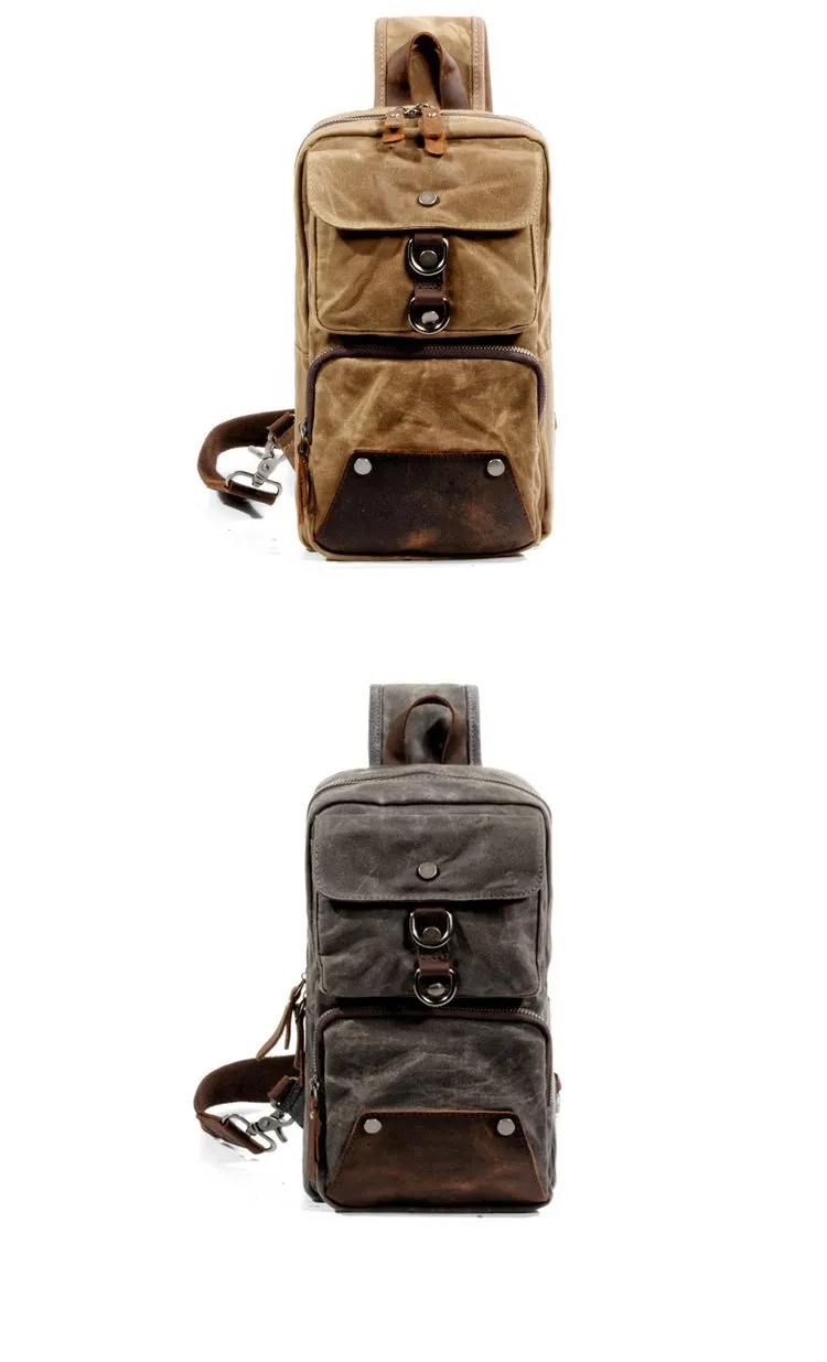 Cool Canvas Leather Mens Sling Bag Waterproof Chest Bag One Shoulder Backpack Phone Bag for Men