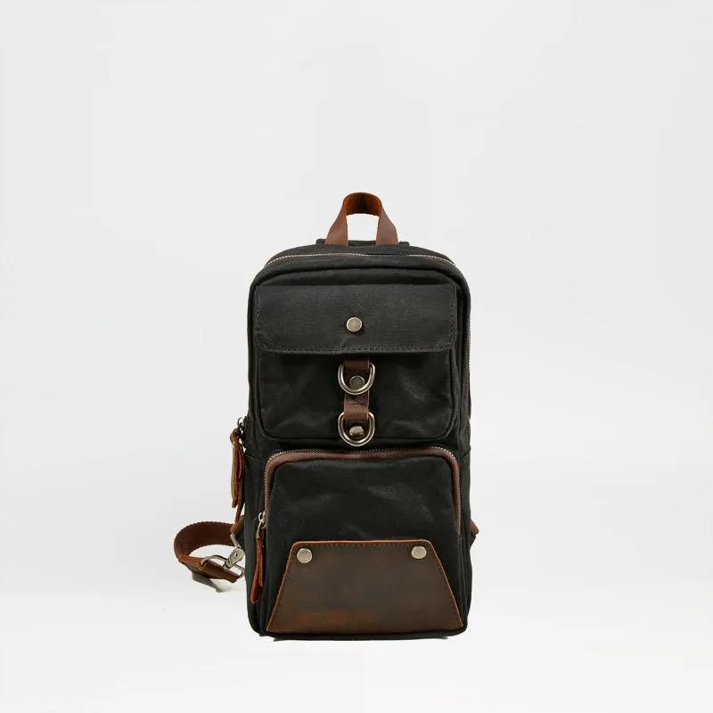 Cool Canvas Leather Mens Sling Bag Waterproof Chest Bag One Shoulder Backpack Phone Bag for Men