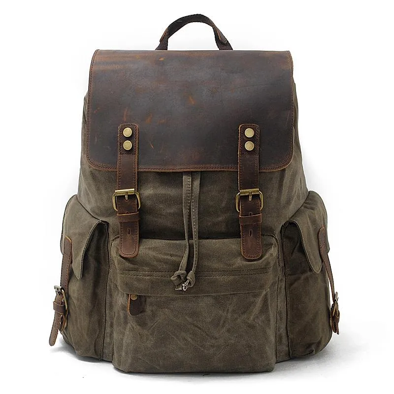 Cool Canvas Leather Mens Waterproof 14'' Computer Backpack Large Hiking Backpack Travel Backpack for Men