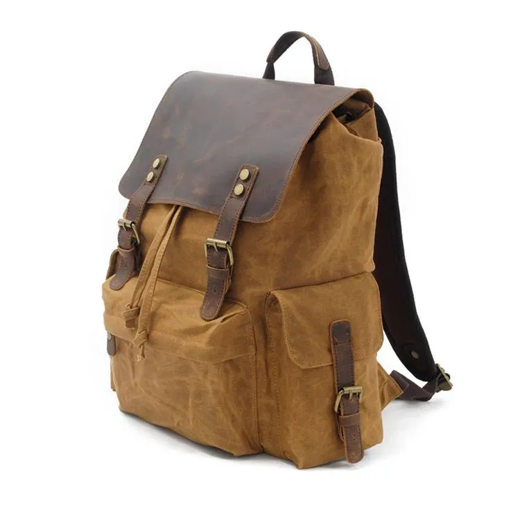Cool Canvas Leather Mens Waterproof 14'' Computer Backpack Large Hiking Backpack Travel Backpack for Men