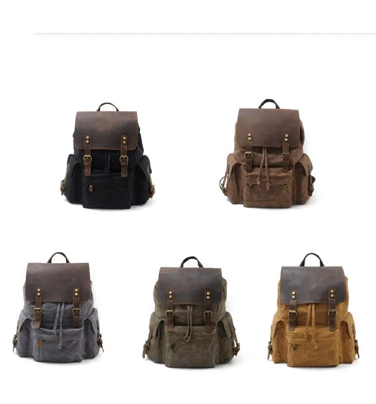 Cool Canvas Leather Mens Waterproof 14'' Computer Backpack Large Hiking Backpack Travel Backpack for Men
