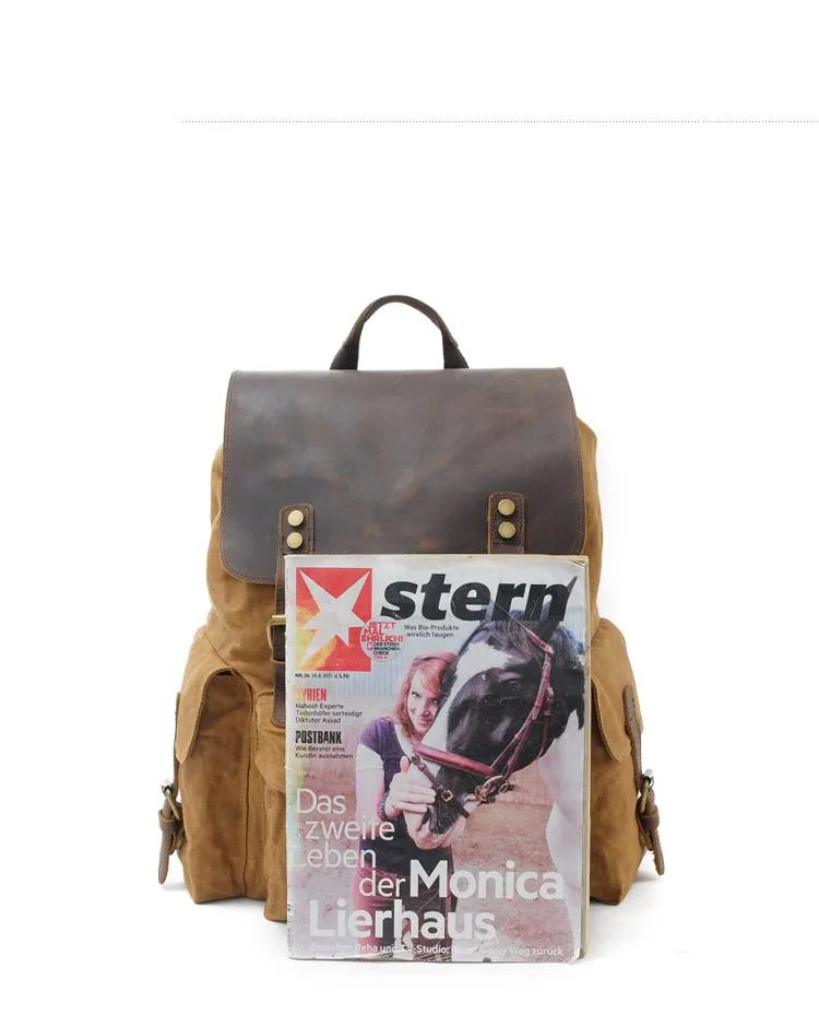 Cool Canvas Leather Mens Waterproof 14'' Computer Backpack Large Hiking Backpack Travel Backpack for Men