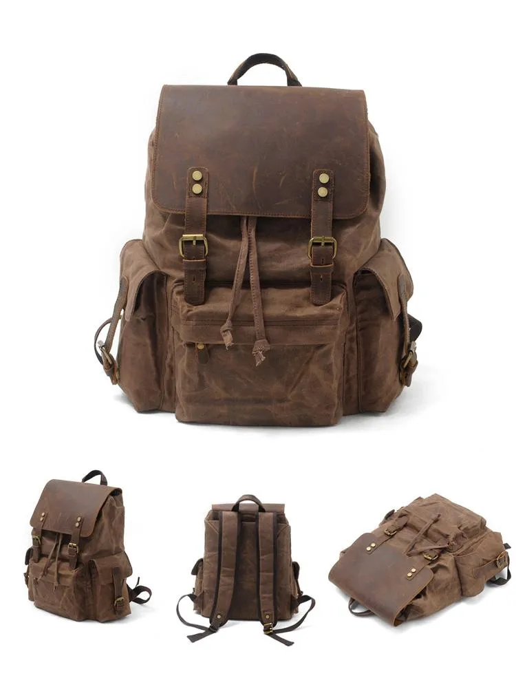 Cool Canvas Leather Mens Waterproof 14'' Computer Backpack Large Hiking Backpack Travel Backpack for Men