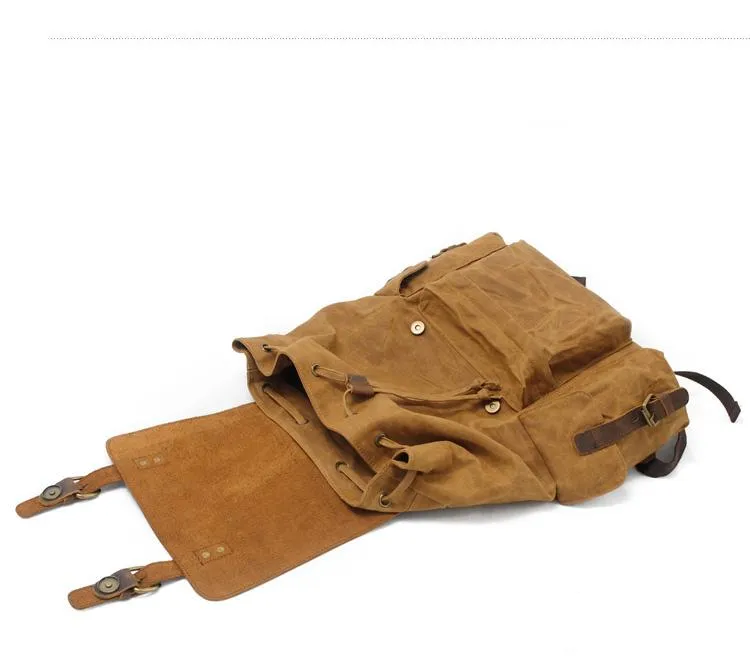 Cool Canvas Leather Mens Waterproof 14'' Computer Backpack Large Hiking Backpack Travel Backpack for Men