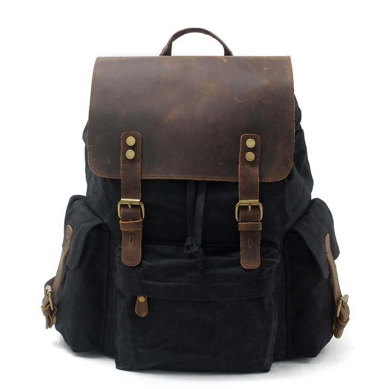 Cool Canvas Leather Mens Waterproof 14'' Computer Backpack Large Hiking Backpack Travel Backpack for Men