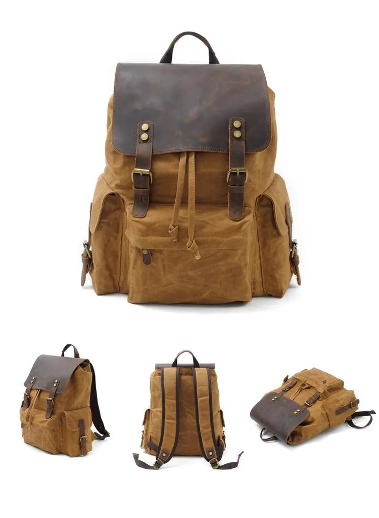 Cool Canvas Leather Mens Waterproof 14'' Computer Backpack Large Hiking Backpack Travel Backpack for Men