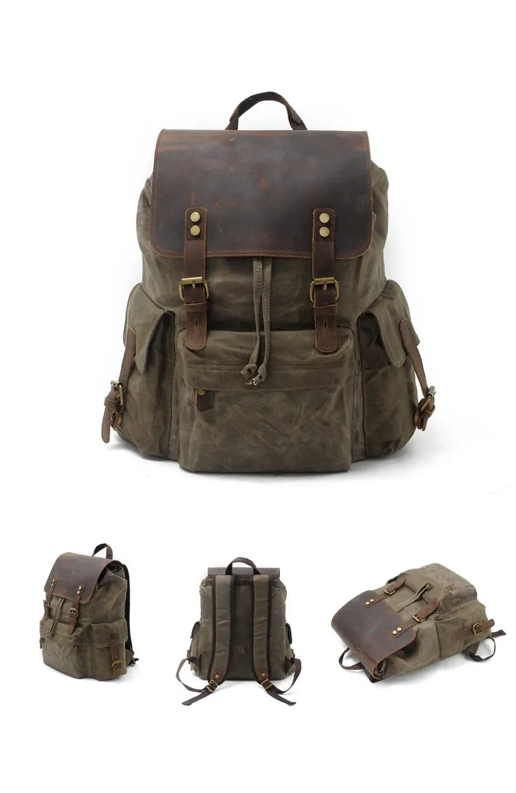 Cool Canvas Leather Mens Waterproof 14'' Computer Backpack Large Hiking Backpack Travel Backpack for Men