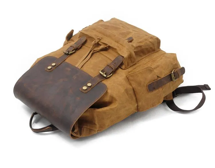 Cool Canvas Leather Mens Waterproof 14'' Computer Backpack Large Hiking Backpack Travel Backpack for Men