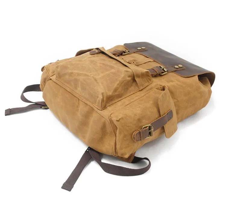 Cool Canvas Leather Mens Waterproof 14'' Computer Backpack Large Hiking Backpack Travel Backpack for Men