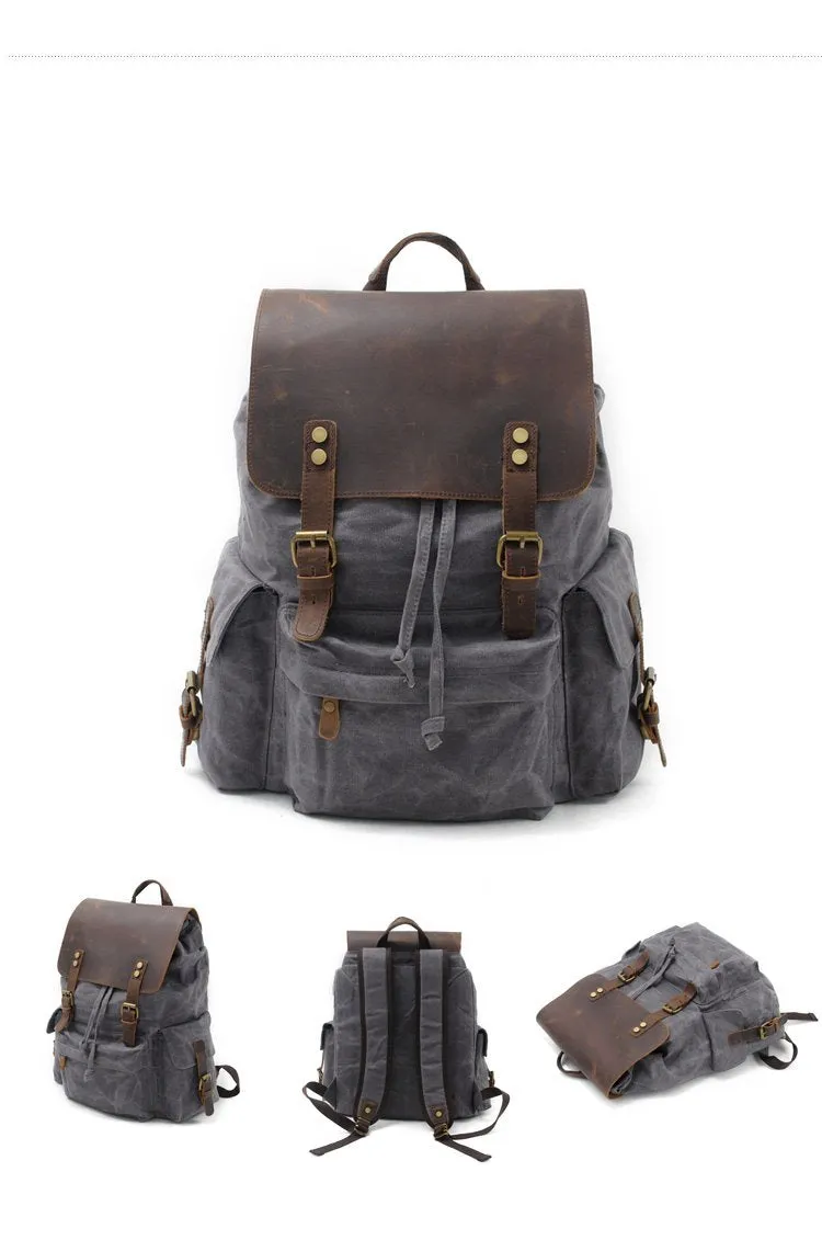 Cool Canvas Leather Mens Waterproof 14'' Computer Backpack Large Hiking Backpack Travel Backpack for Men