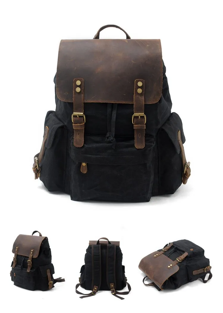 Cool Canvas Leather Mens Waterproof 14'' Computer Backpack Large Hiking Backpack Travel Backpack for Men