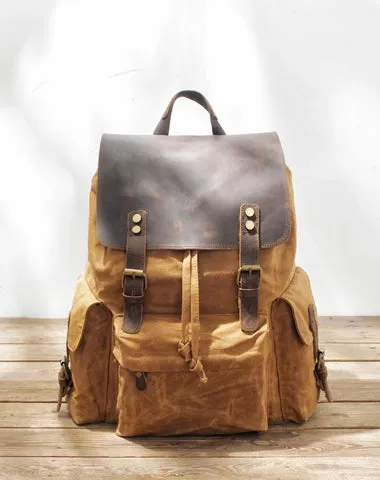 Cool Canvas Leather Mens Waterproof 14'' Computer Backpack Large Hiking Backpack Travel Backpack for Men