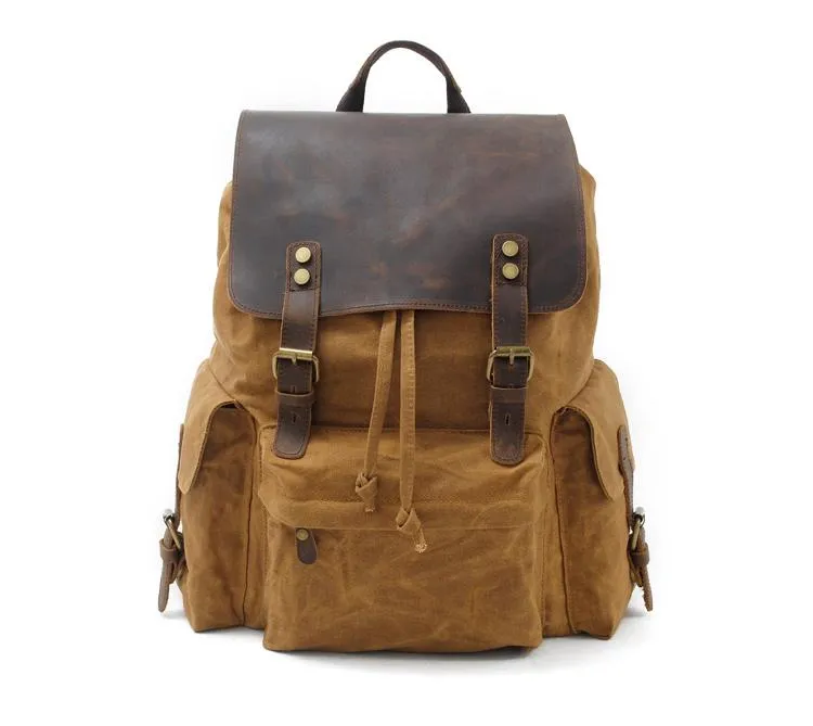Cool Canvas Leather Mens Waterproof 14'' Computer Backpack Large Hiking Backpack Travel Backpack for Men