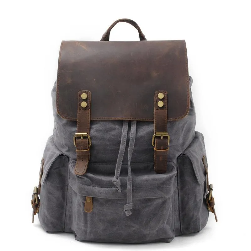 Cool Canvas Leather Mens Waterproof 14'' Computer Backpack Large Hiking Backpack Travel Backpack for Men