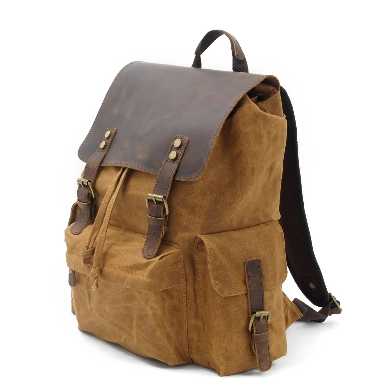 Cool Canvas Leather Mens Waterproof 14'' Computer Backpack Large Hiking Backpack Travel Backpack for Men