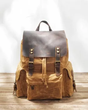 Cool Canvas Leather Mens Waterproof 14'' Computer Backpack Large Hiking Backpack Travel Backpack for Men