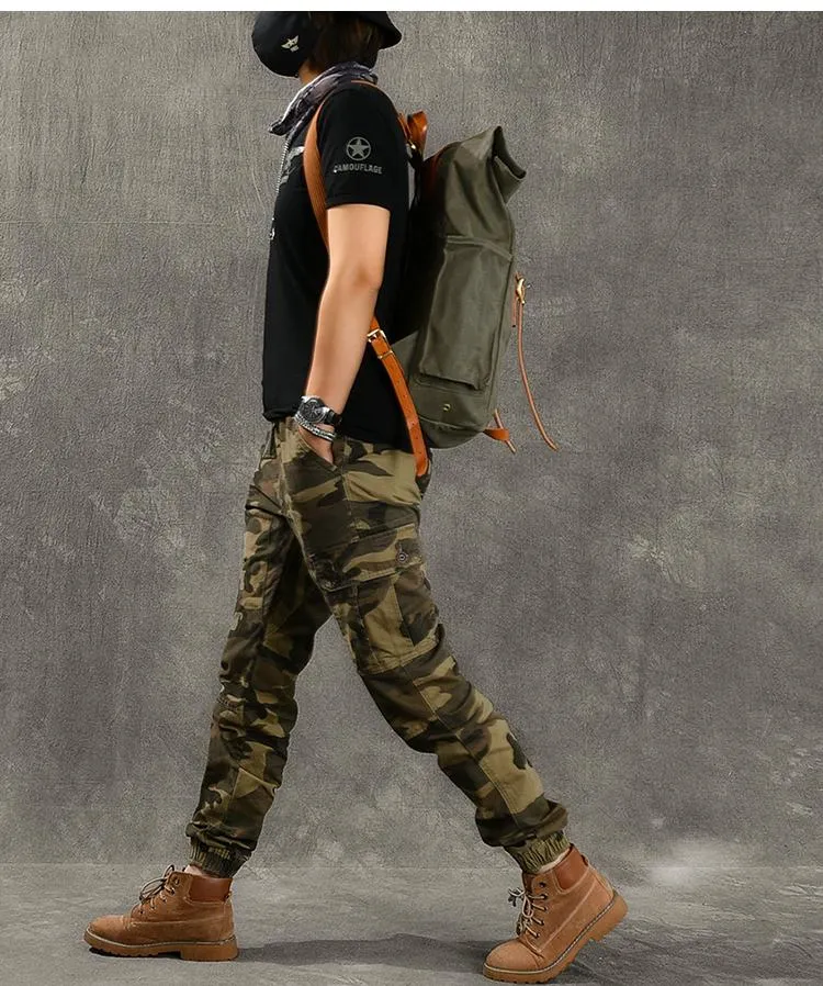 Cool Canvas Leather Mens Womens 16" Army Green Hiking Backpack Travel Backpack College Backpack  for Men