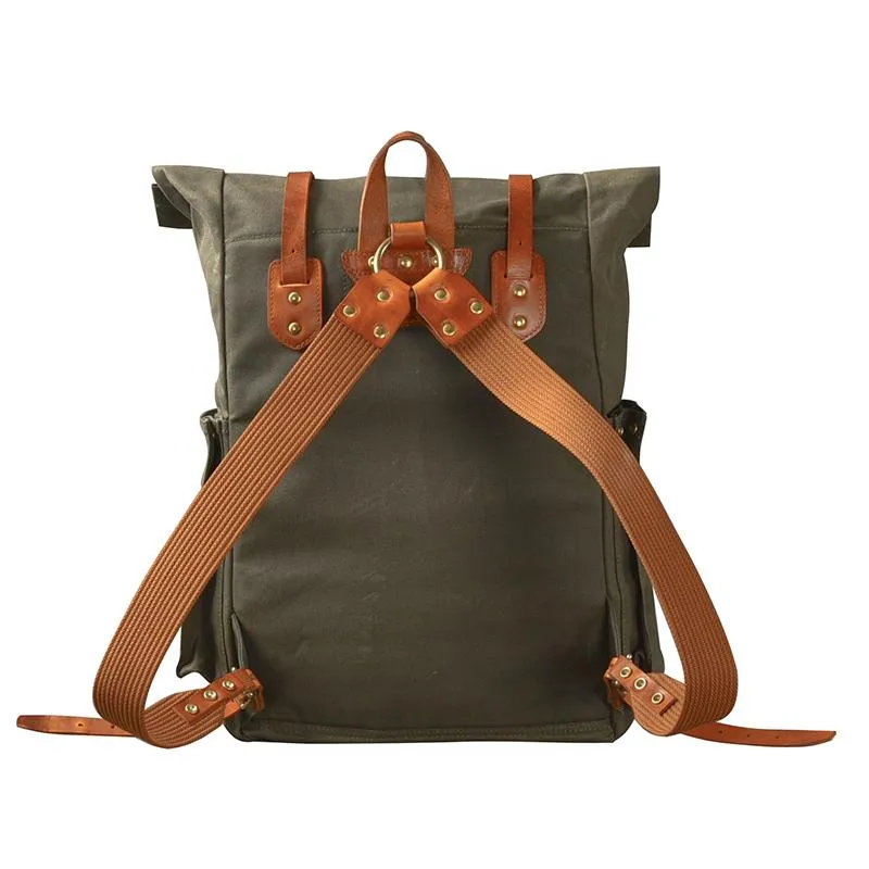 Cool Canvas Leather Mens Womens 16" Army Green Hiking Backpack Travel Backpack College Backpack  for Men