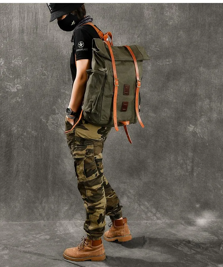 Cool Canvas Leather Mens Womens 16" Army Green Hiking Backpack Travel Backpack College Backpack  for Men