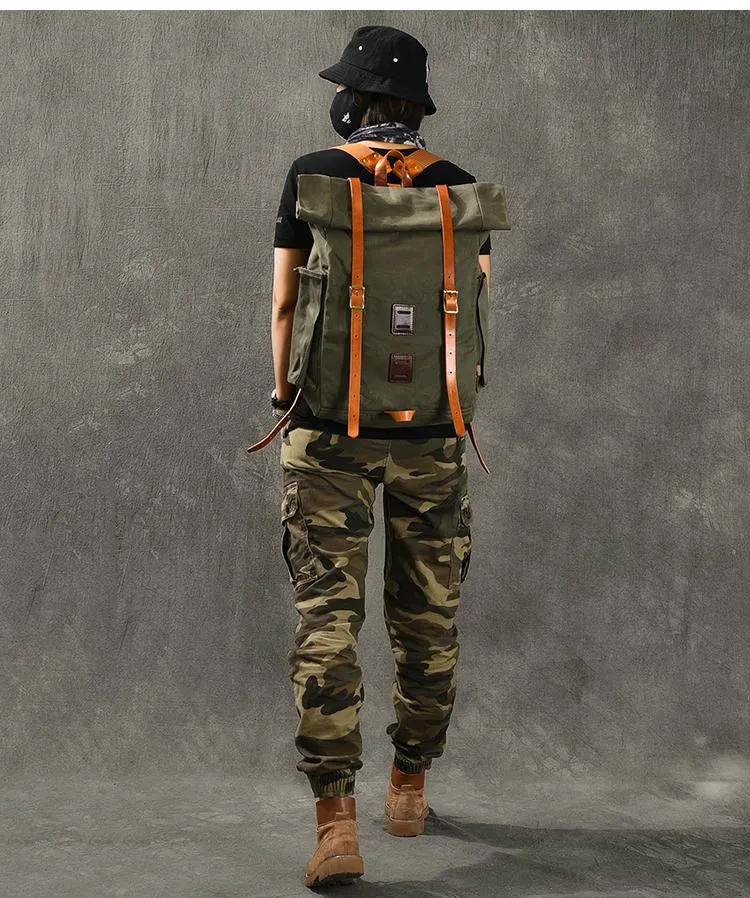Cool Canvas Leather Mens Womens 16" Army Green Hiking Backpack Travel Backpack College Backpack  for Men