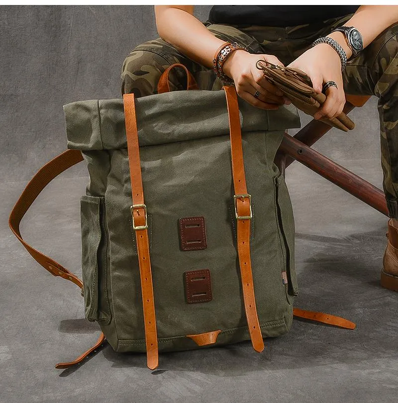Cool Canvas Leather Mens Womens 16" Army Green Hiking Backpack Travel Backpack College Backpack  for Men