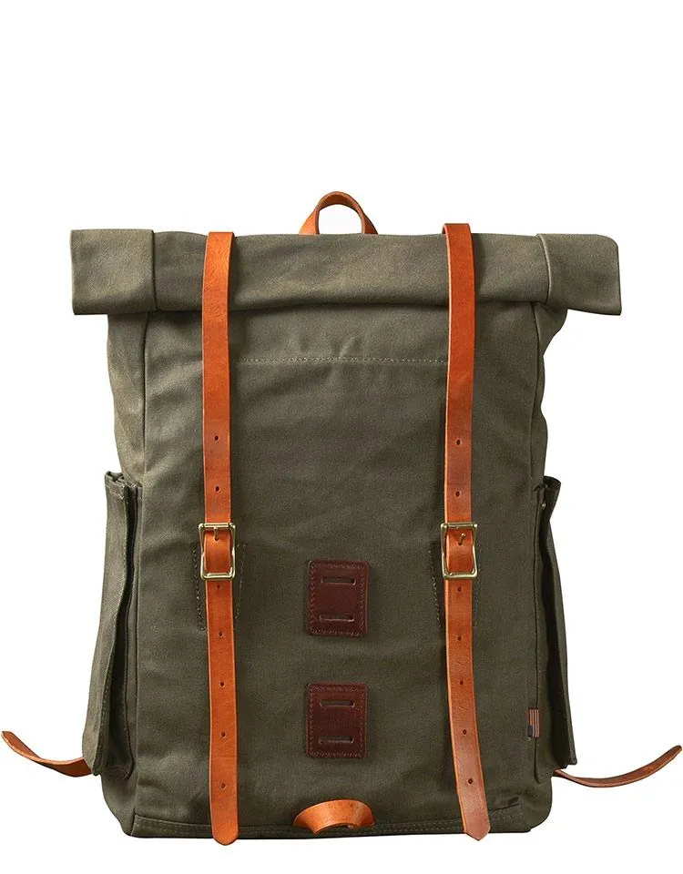 Cool Canvas Leather Mens Womens 16" Army Green Hiking Backpack Travel Backpack College Backpack  for Men
