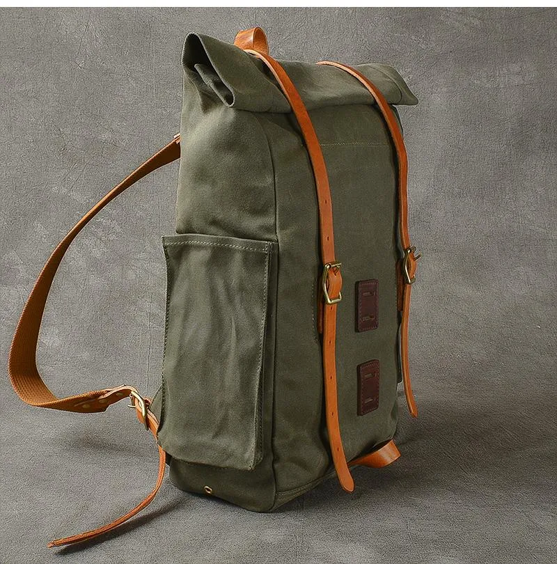 Cool Canvas Leather Mens Womens 16" Army Green Hiking Backpack Travel Backpack College Backpack  for Men
