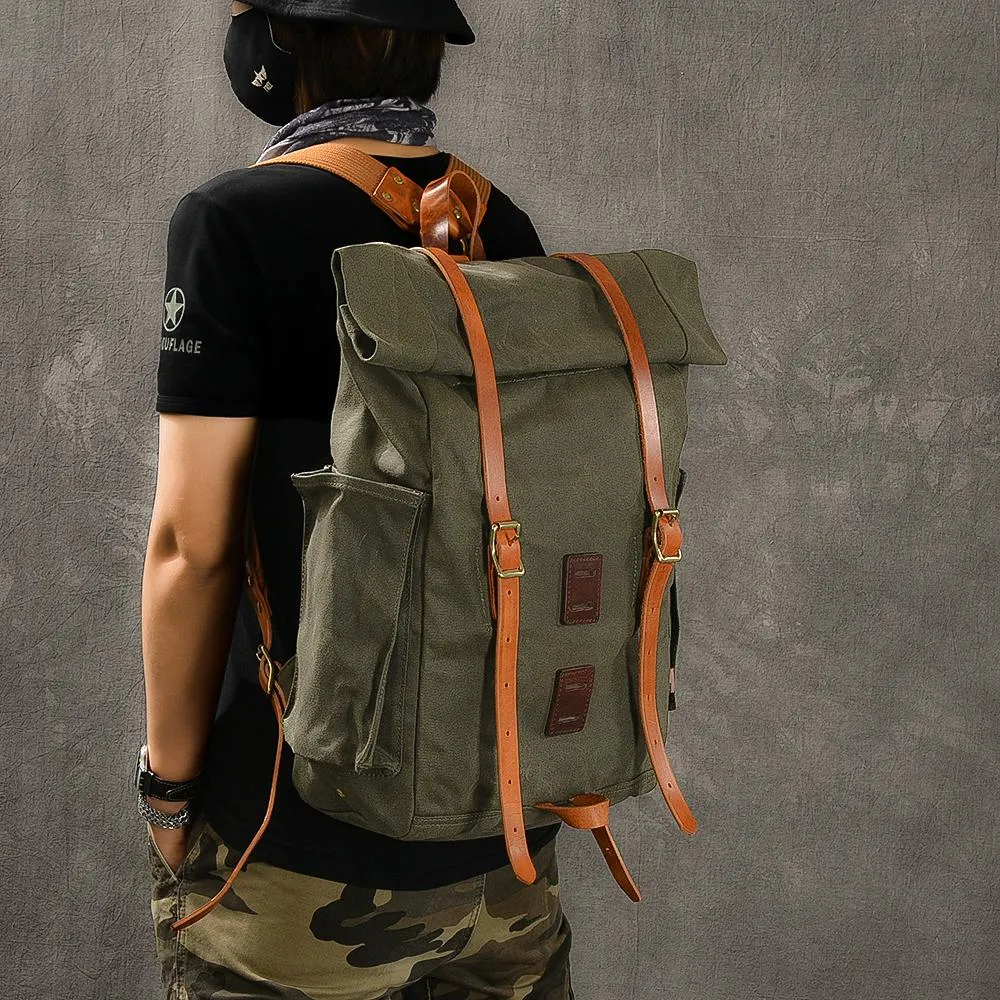Cool Canvas Leather Mens Womens 16" Army Green Hiking Backpack Travel Backpack College Backpack  for Men
