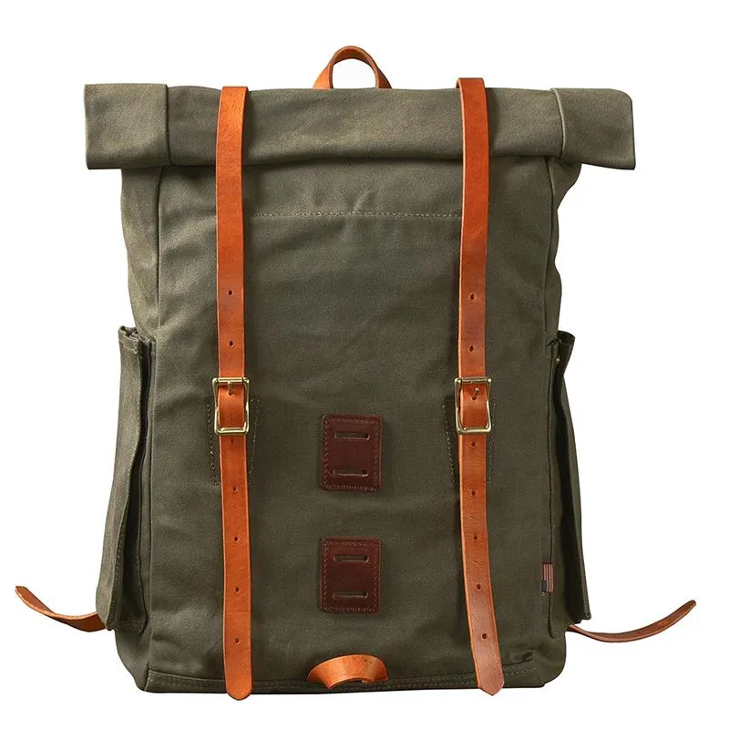 Cool Canvas Leather Mens Womens 16" Army Green Hiking Backpack Travel Backpack College Backpack  for Men