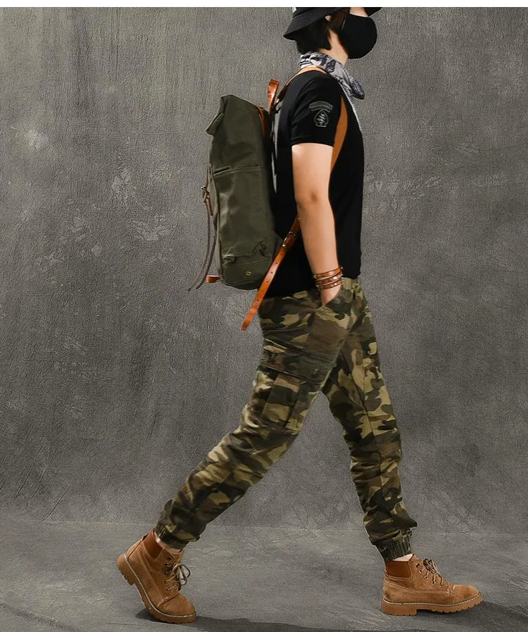 Cool Canvas Leather Mens Womens 16" Army Green Hiking Backpack Travel Backpack College Backpack  for Men