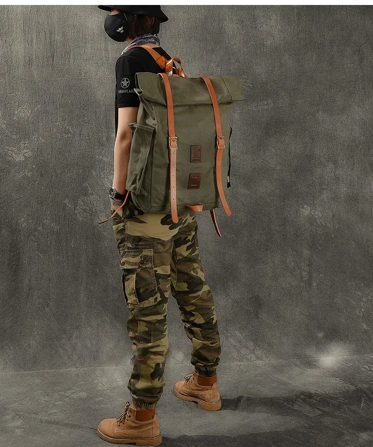 Cool Canvas Leather Mens Womens 16" Army Green Hiking Backpack Travel Backpack College Backpack  for Men