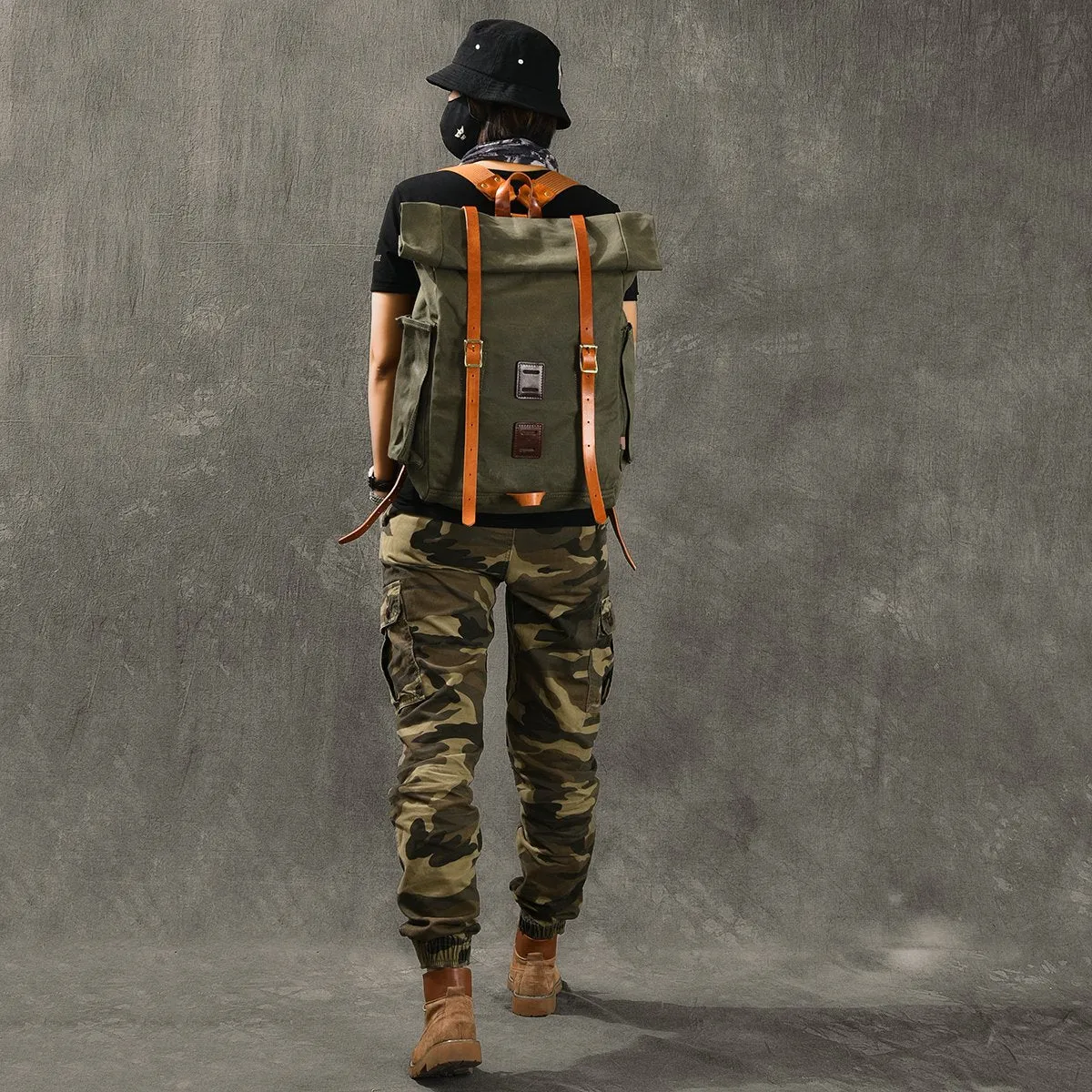 Cool Canvas Leather Mens Womens 16" Army Green Hiking Backpack Travel Backpack College Backpack  for Men