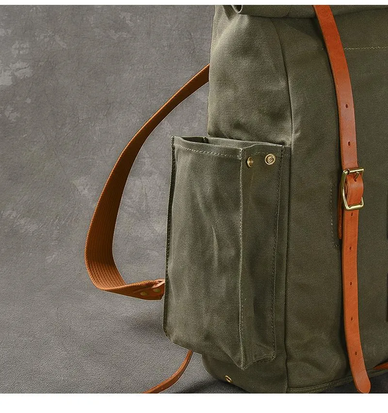 Cool Canvas Leather Mens Womens 16" Army Green Hiking Backpack Travel Backpack College Backpack  for Men