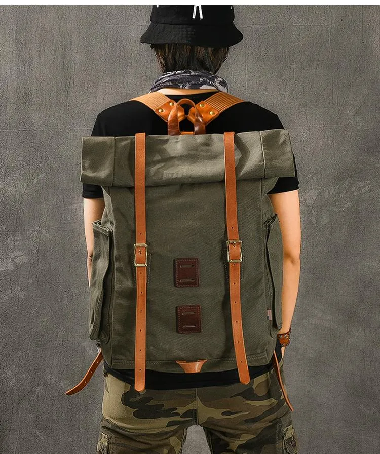 Cool Canvas Leather Mens Womens 16" Army Green Hiking Backpack Travel Backpack College Backpack  for Men
