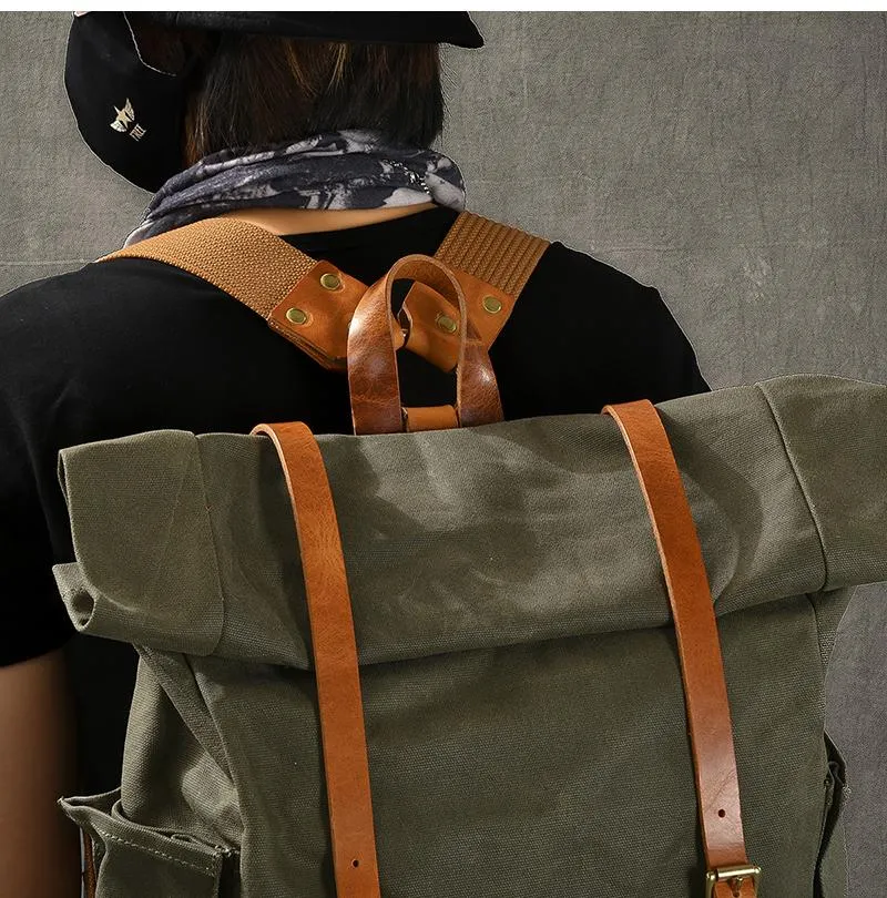 Cool Canvas Leather Mens Womens 16" Army Green Hiking Backpack Travel Backpack College Backpack  for Men