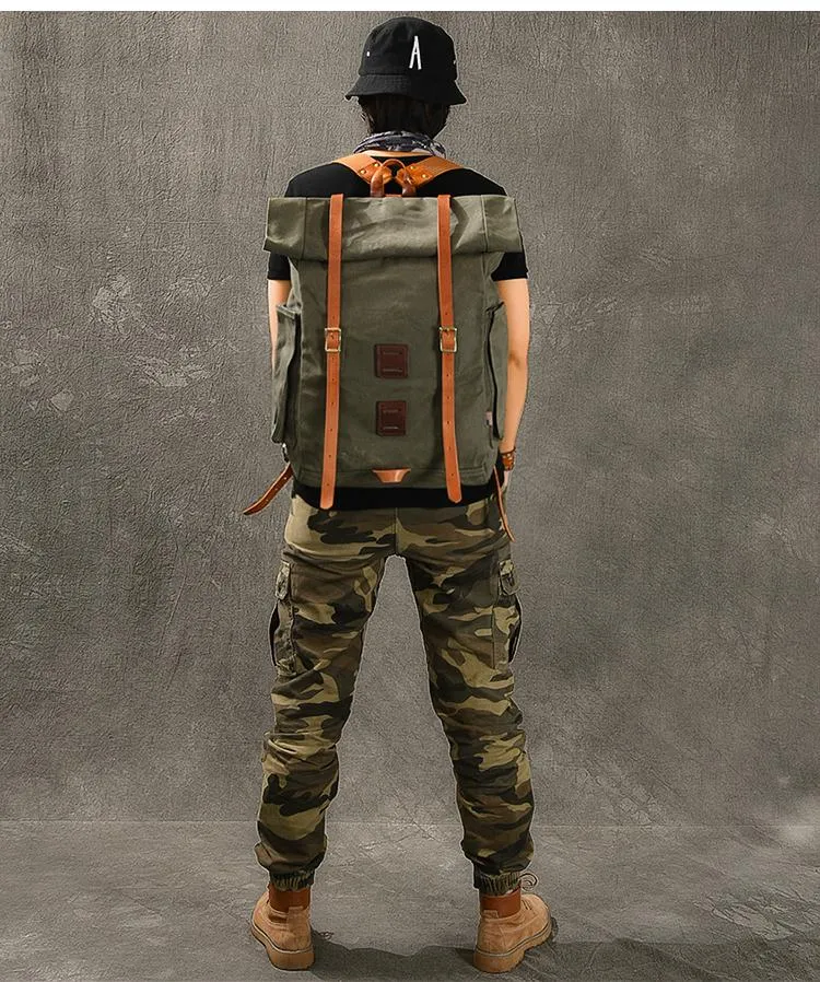 Cool Canvas Leather Mens Womens 16" Army Green Hiking Backpack Travel Backpack College Backpack  for Men