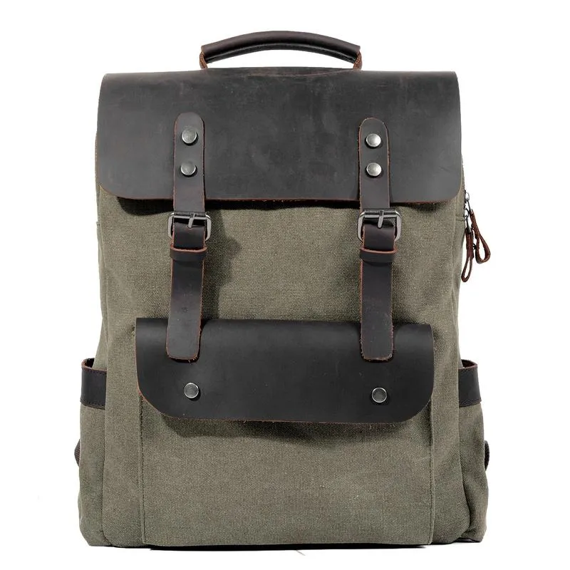 Cool Canvas Leather Womens Mens 15" Green Computer Backpack Black School Backpack College Backpack for Men