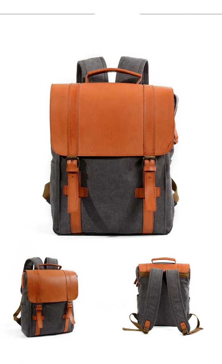 Cool Canvas Leather Womens Mens College Backpack 14'' Travel Backpack Computer Backpack for Men