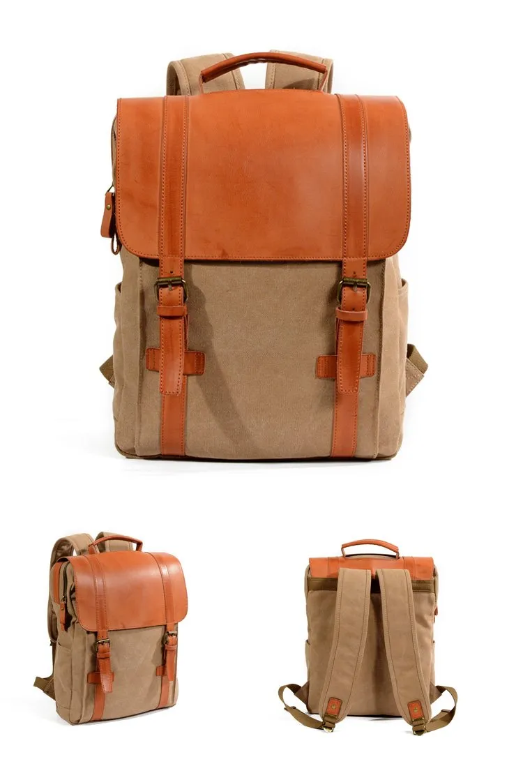 Cool Canvas Leather Womens Mens College Backpack 14'' Travel Backpack Computer Backpack for Men