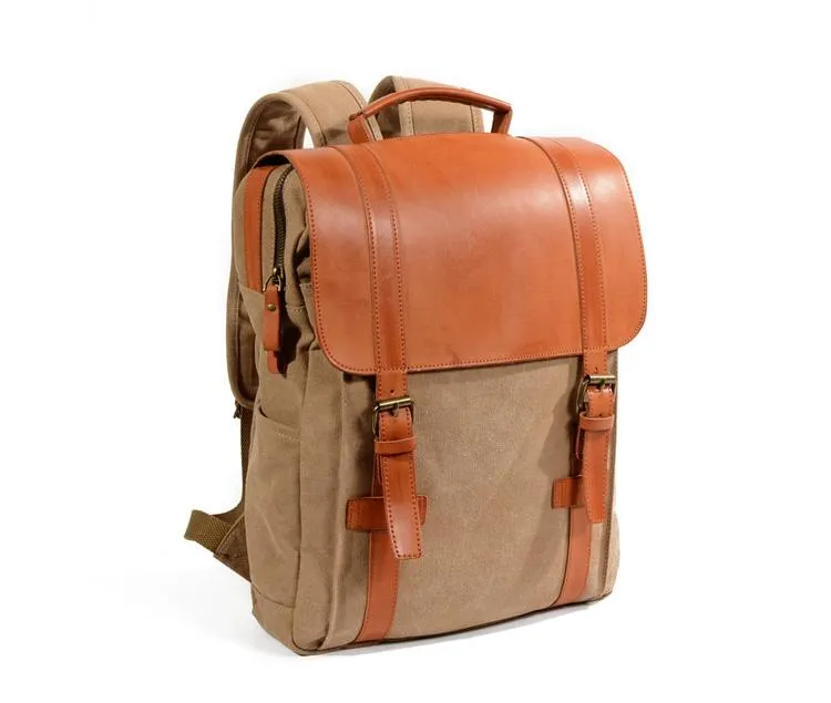 Cool Canvas Leather Womens Mens College Backpack 14'' Travel Backpack Computer Backpack for Men