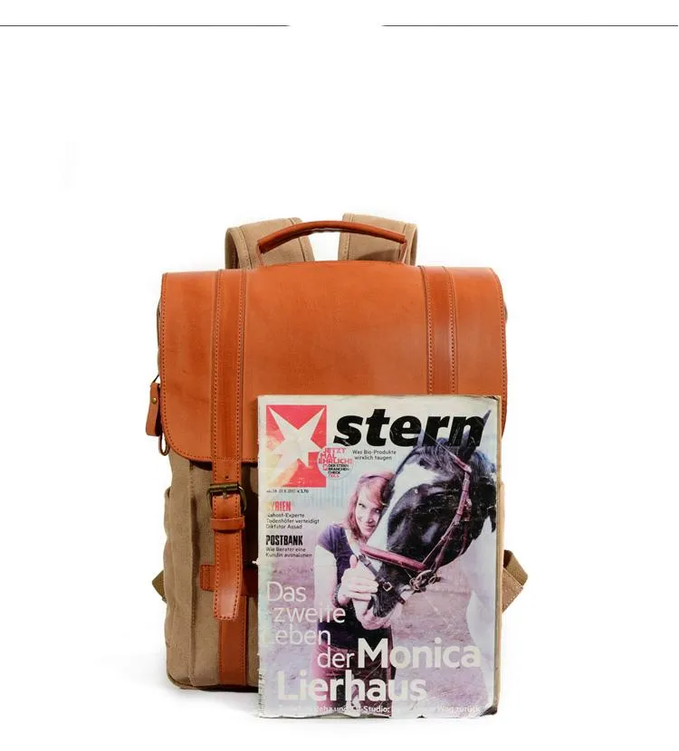 Cool Canvas Leather Womens Mens College Backpack 14'' Travel Backpack Computer Backpack for Men
