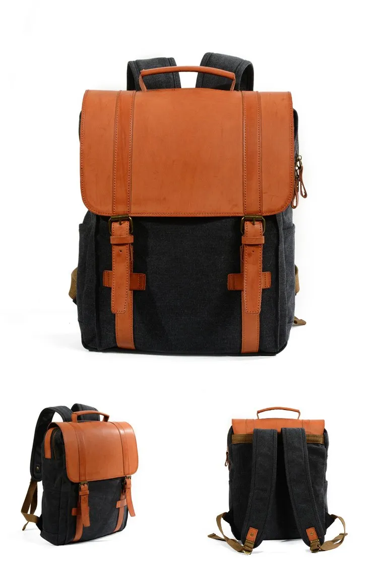 Cool Canvas Leather Womens Mens College Backpack 14'' Travel Backpack Computer Backpack for Men