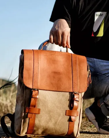 Cool Canvas Leather Womens Mens College Backpack 14'' Travel Backpack Computer Backpack for Men