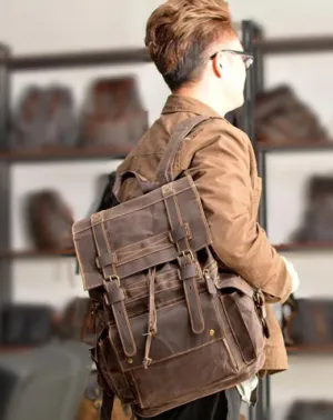 Cool Canvas Mens Vintage Large Black Backpack Computer Khaki Backpack Travel Backpack Hiking Backpackfor Men