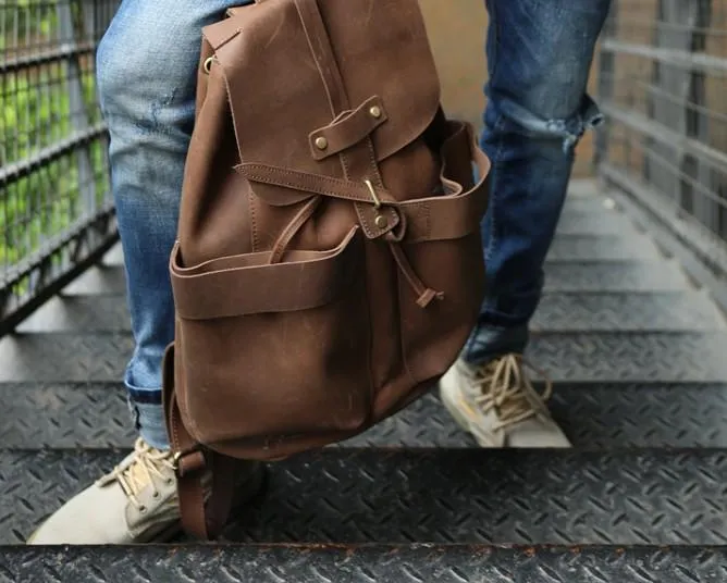 Cool Coffee Mens Leather Backpack Travel Backpacks Laptop Backpacks for men